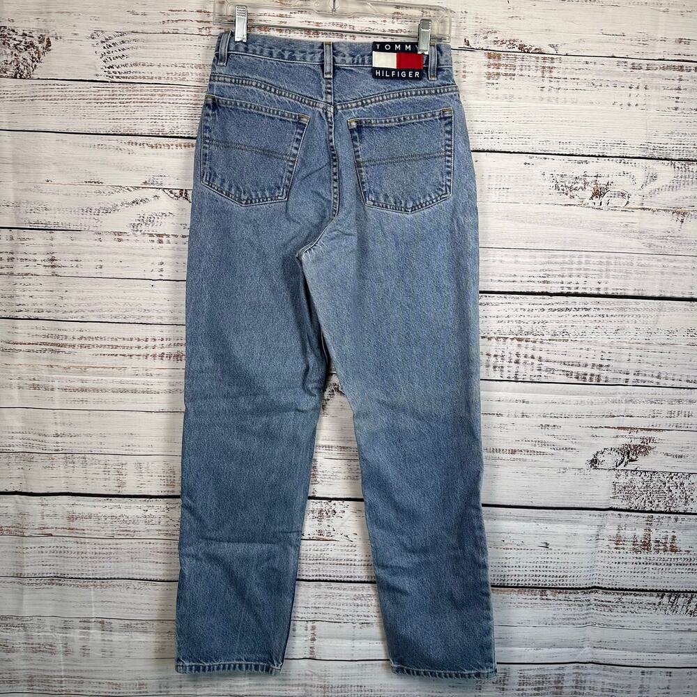 Womens Y2K Tommy Hilfiger Large Flag Patch Straight Leg Denim Jeans Cotton Sz 10